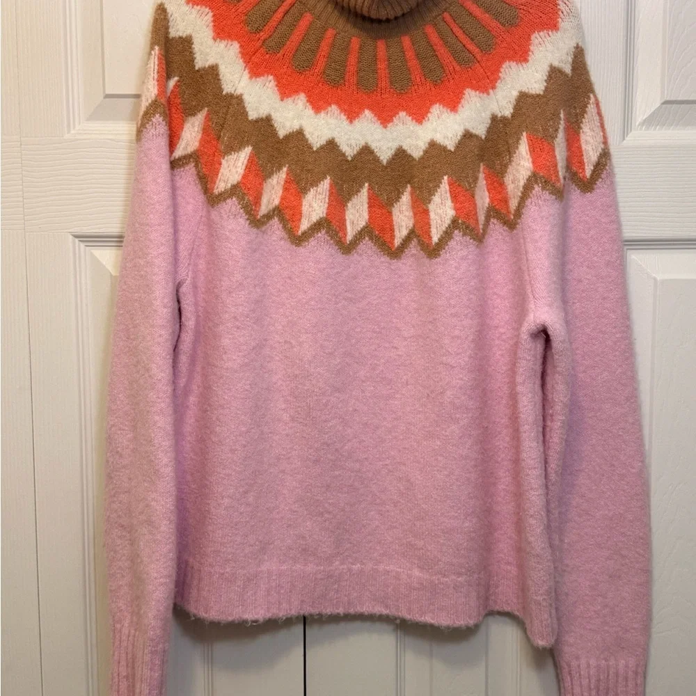 J.Crew Colorblock Fair Isle Turtleneck Sweater Pink Orange Brown Size XL